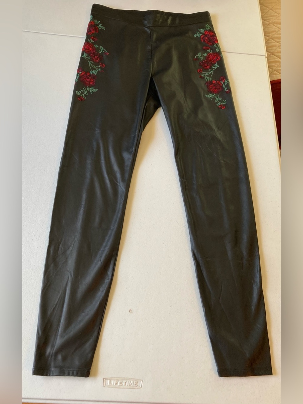 NWT Express Black Faux Leather Pants with Red Flower Embroidery Size Small